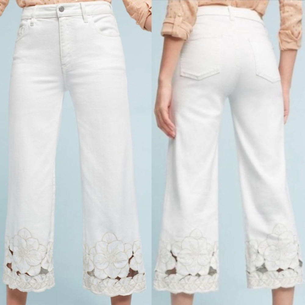 Anthropologie White Floral Embroidered Jeans
